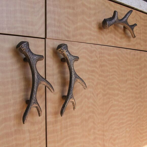 Antique Bronze Cast Iron Rustic Deer Antler Drawer Pull Cabinet Handle Set of 6 - Picture 4 of 9